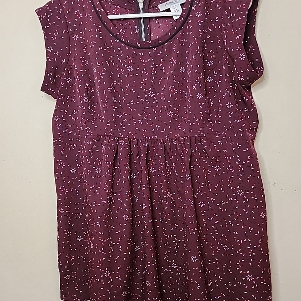 Maternity top short sleeve Burgendy print self tie back zip "Motherhood" Small - Picture 1 of 10